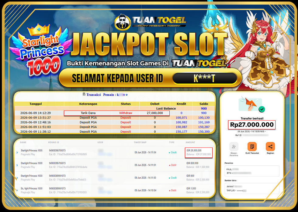 TUANTOGEL JACKPOT SLOT STARLIGHT PRINCESS 1000 Rp27.000.000,- LUNAS